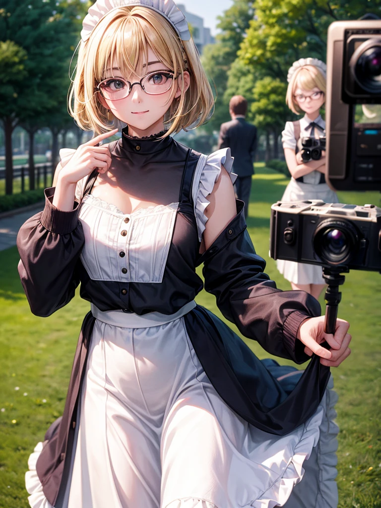 20 year old female、shiny hair quality、Beautiful Blonde Hair、bob hair、Glasses、Glasses美人、Woman looking into the camera、Outdoor portrait photography、Digital single-lens camera、Mirrorless Camera、cameraman、プロcameraman、Maid clothes、skirt、cute、perfect skeleton