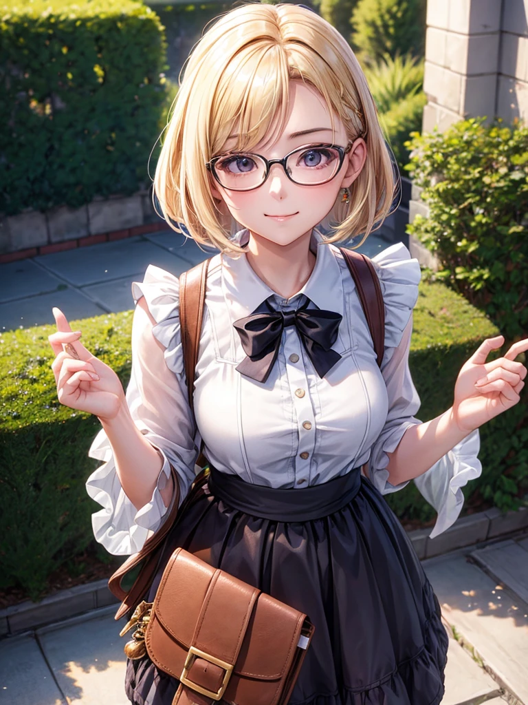 20 year old female、shiny hair quality、Beautiful Blonde Hair、bob hair、Glasses、Glasses美人、Woman looking into the camera、Outdoor portrait photography、Digital single-lens camera、Mirrorless Camera、cameraman、プロcameraman、Maid clothes、skirt、cute、perfect skeleton