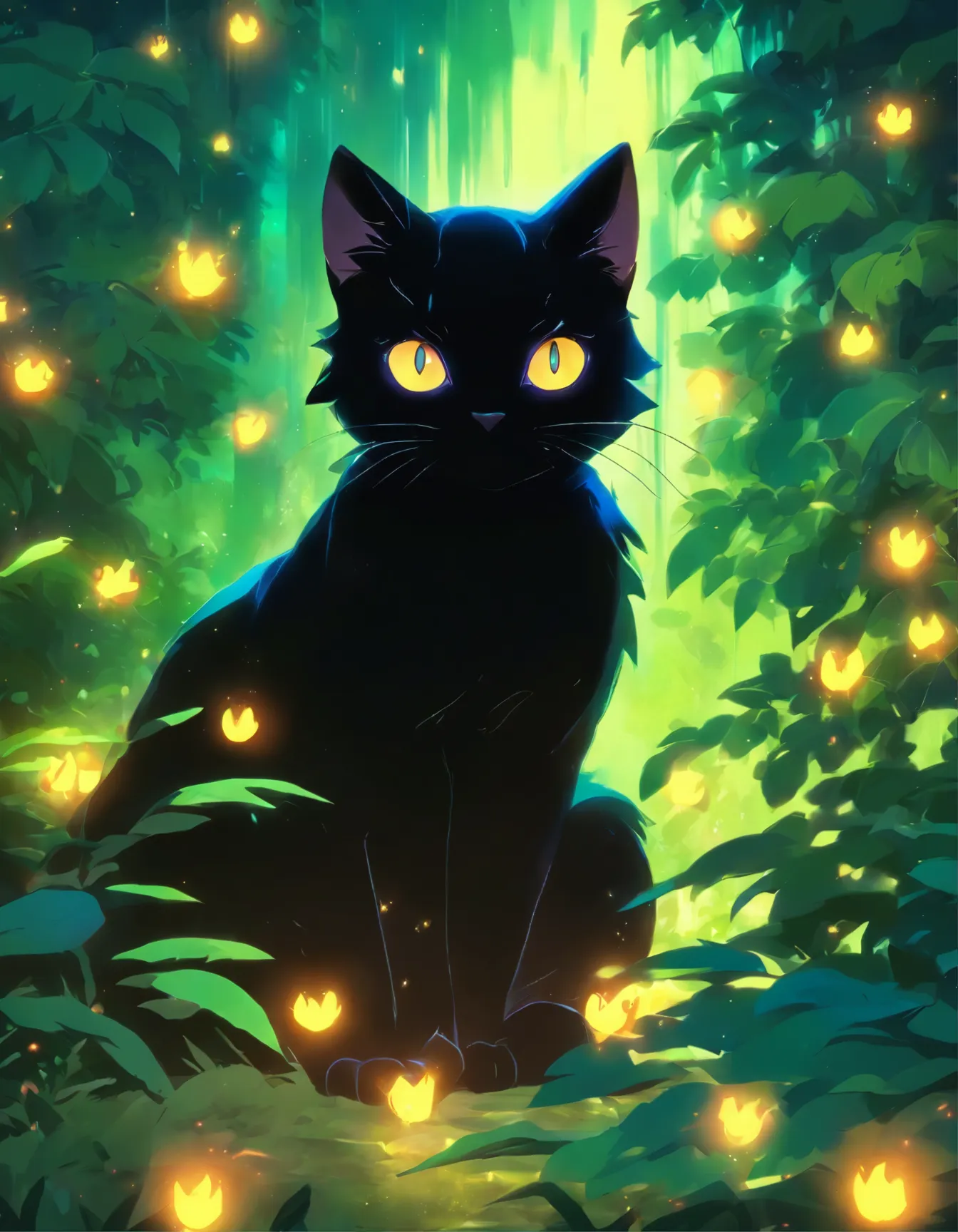 there is a black cat that is sitting in the bushes, a digital painting by Yang J, trending on cgsociety, conceptual art, 🌺 cgsociety, beautiful illustration, cat in the forest, cute detailed digital art, beautiful digital illustration, with glowing eyes, c...