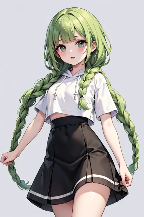 （masterpiece，highest quality），crop top look，Short sleeve hoodie， (Black skirt with gingham check)，green haired, long thick braid...