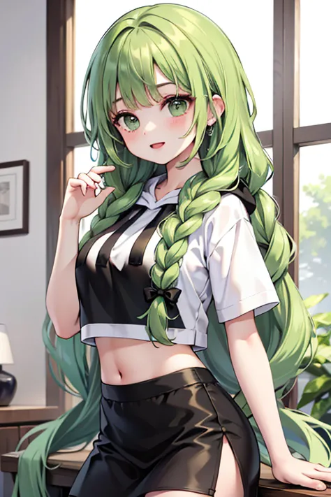 （masterpiece，highest quality），crop top look，Short sleeve hoodie， (Black skirt with gingham check)，green haired, long thick braid...