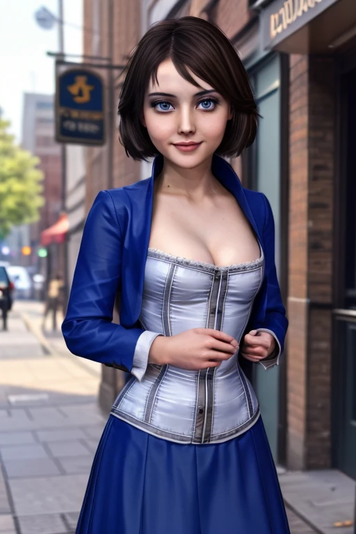 (masterpiece, best quality:1.2), Elizabeth, 1girl, solo, looking at viewer, blue cropped jacket, white corset, cleavage, short brown hair, blue skirt, blue eyes, sexy smirk, Columbia city background, 