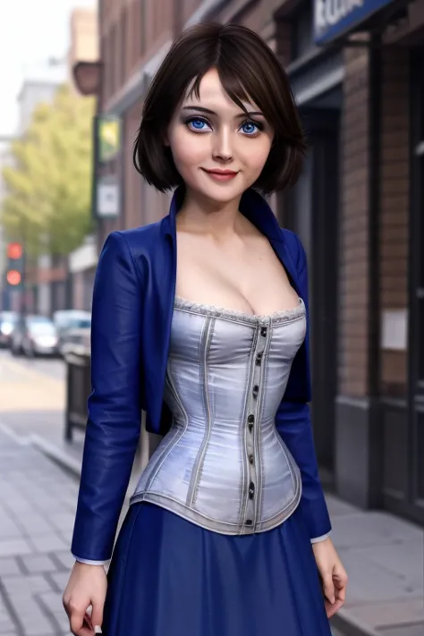 (masterpiece, best quality:1.2), Elizabeth, 1girl, solo, looking at viewer, blue cropped jacket, white corset, cleavage, short b...