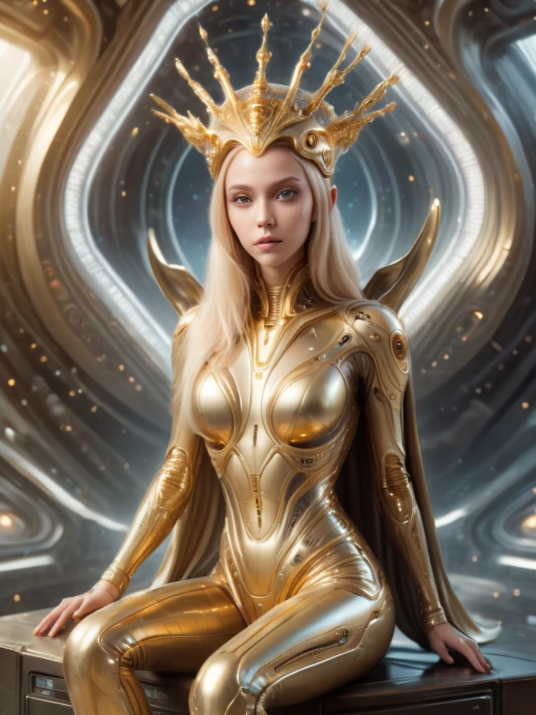 full body shot, masterpiece, highest quality, (realistic:1.4), Beautiful blonde woman photo, Wearing golden alien skin clothing, Gold Alien Skin Crown, Futuristic throne, 