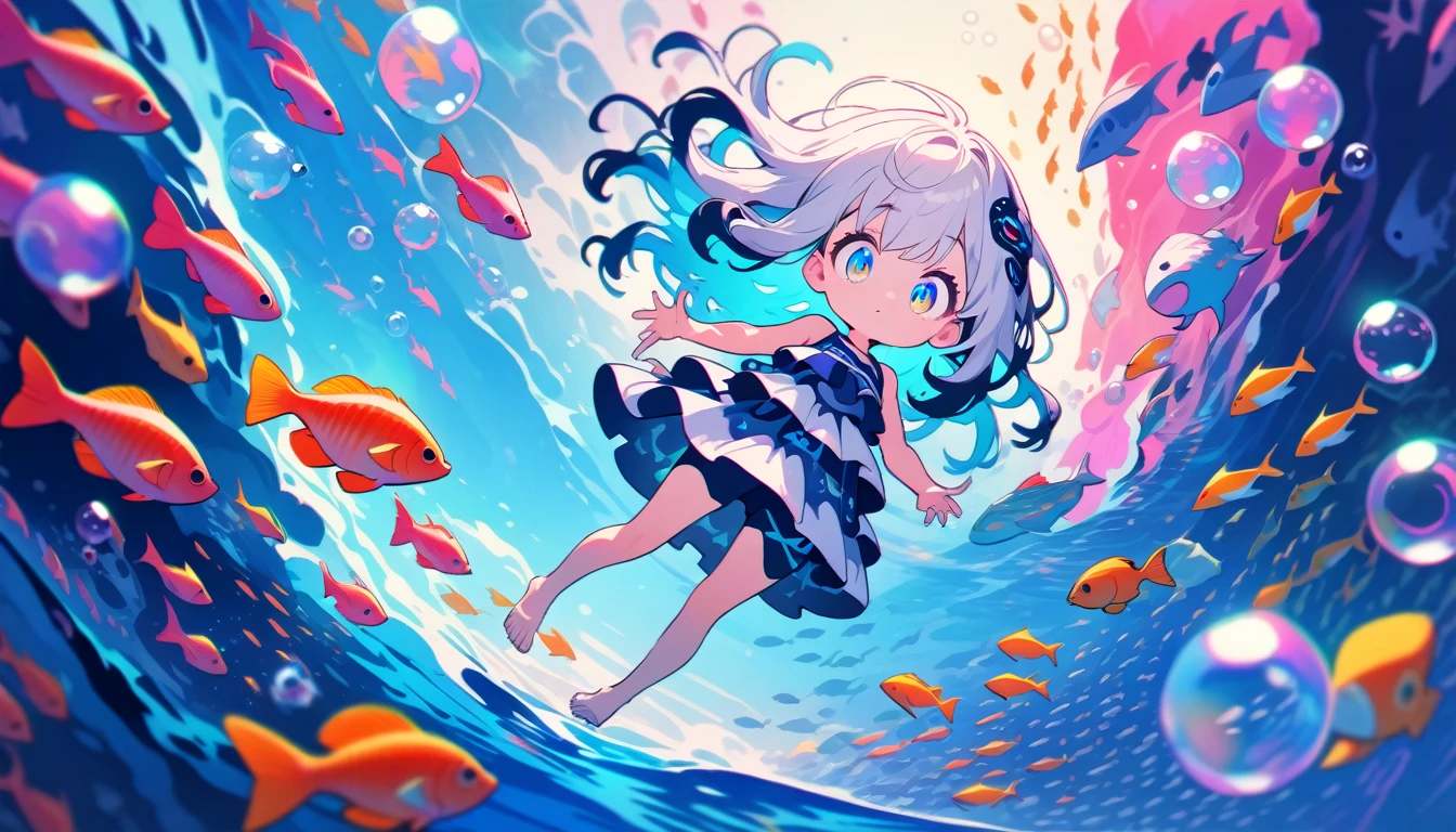 #quality(8k,wallpaper of extremely detailed CG unit, ​masterpiece,hight resolution,top-quality,top-quality real texture skin,hyper realisitic,increase the resolution,RAW photos,best qualtiy,highly detailed,the wallpaper),(colorful),solo, #1girl(cute,kawaii,small kid,cosmic colored bright hair,cosmic colored eyes,big eyes,eyes are shining,cute swim wear,she is floating in the sea,full body,from side),#background(under the beautiful sea,beautiful fishes ,beautiful shells,many small bubbles,dynamic angle),please draw hands correctly.