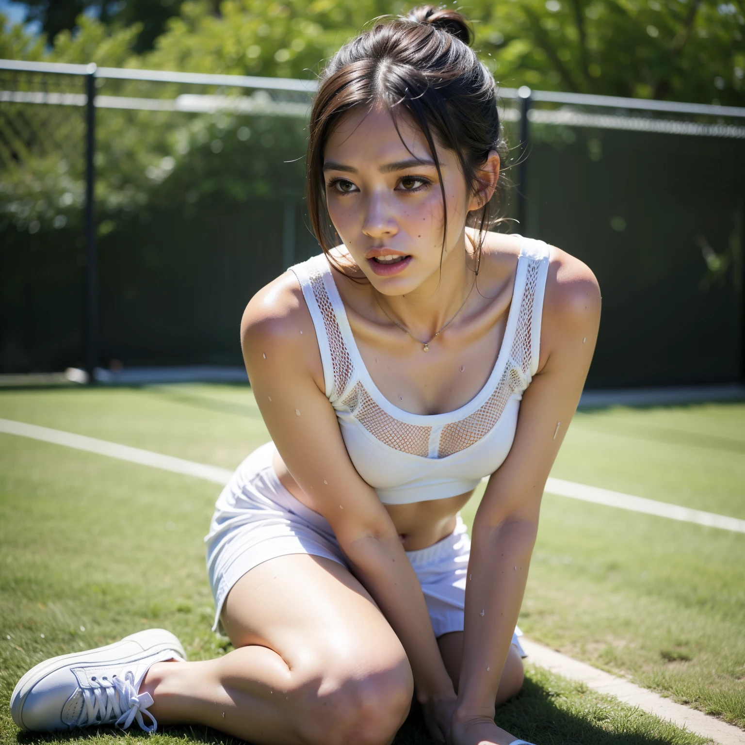 1 beautiful girl, alone, white sneakers, tennis wear, white mini skirt, masterpiece, highest quality, realistic, very detailed, (shiny skin, sweaty:1.4), absurd, looking at the viewer, short black hair, brown eyes, thin, dynamic lighting, High resolution, sharp focus, Depth of the bounds written, fine eyes, sharp pupils, , (small breasts), (thick thighs:1.0), outdoor, half open mouth