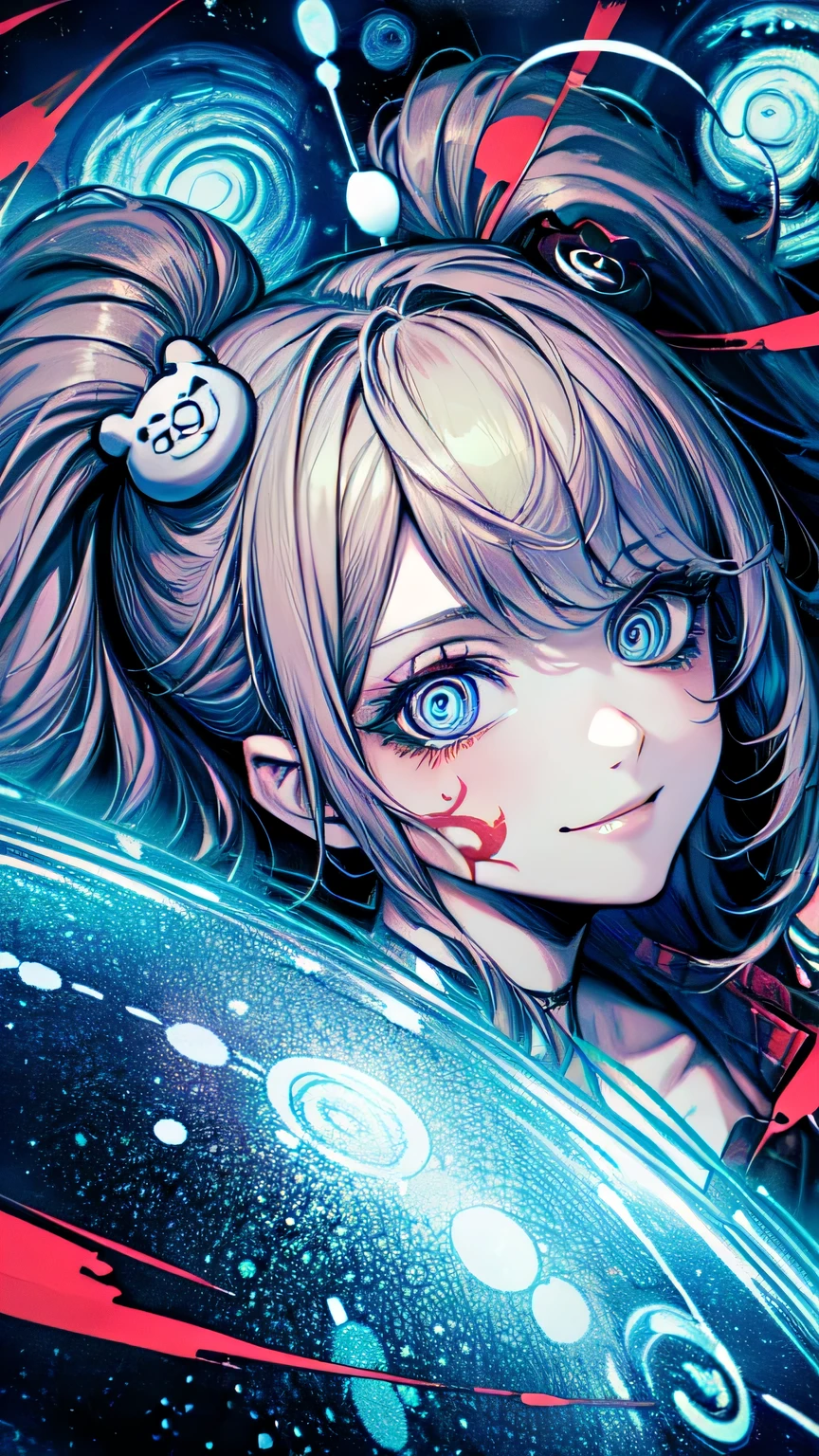 [NSFW:1.5], junko enoshima, (터무니없는:1.5), (해부학적으로 정확하다), (오스카 코코슈카 스타일:1.4), (추상 표현주의 예술:1.4), (1000년에 한 번 사진), (걸작), (최상의 품질), (매우 상세한), (떠 있는), (상세한 빛), (초상화:1.5), 긴 금발 트윈 테일, 한 소녀, 홀로, (궁극의 상세하고 아름다운 푸른 나선형 눈:1.5), (캐치라이트:1.5),깊은 분열, 쇄골, 메가 가슴, 앞머리, 웃다, (뷰어를보고:1.5), (높은 각도:1.5), 곰 머리 장식, 매니큐어, 빨간 손톱, 붉은 활, 검은 셔츠, 속옷, 높은 칼라, 검은 색 브래지어, 롤업 소매, 정장, 붉은 격자무늬 주름 스커트, 빛나는, 빛나는 hair, (핑크루즈), (많은 양의 시키델릭 잉크가 공기를 통해:1.5), 빛나는 skins