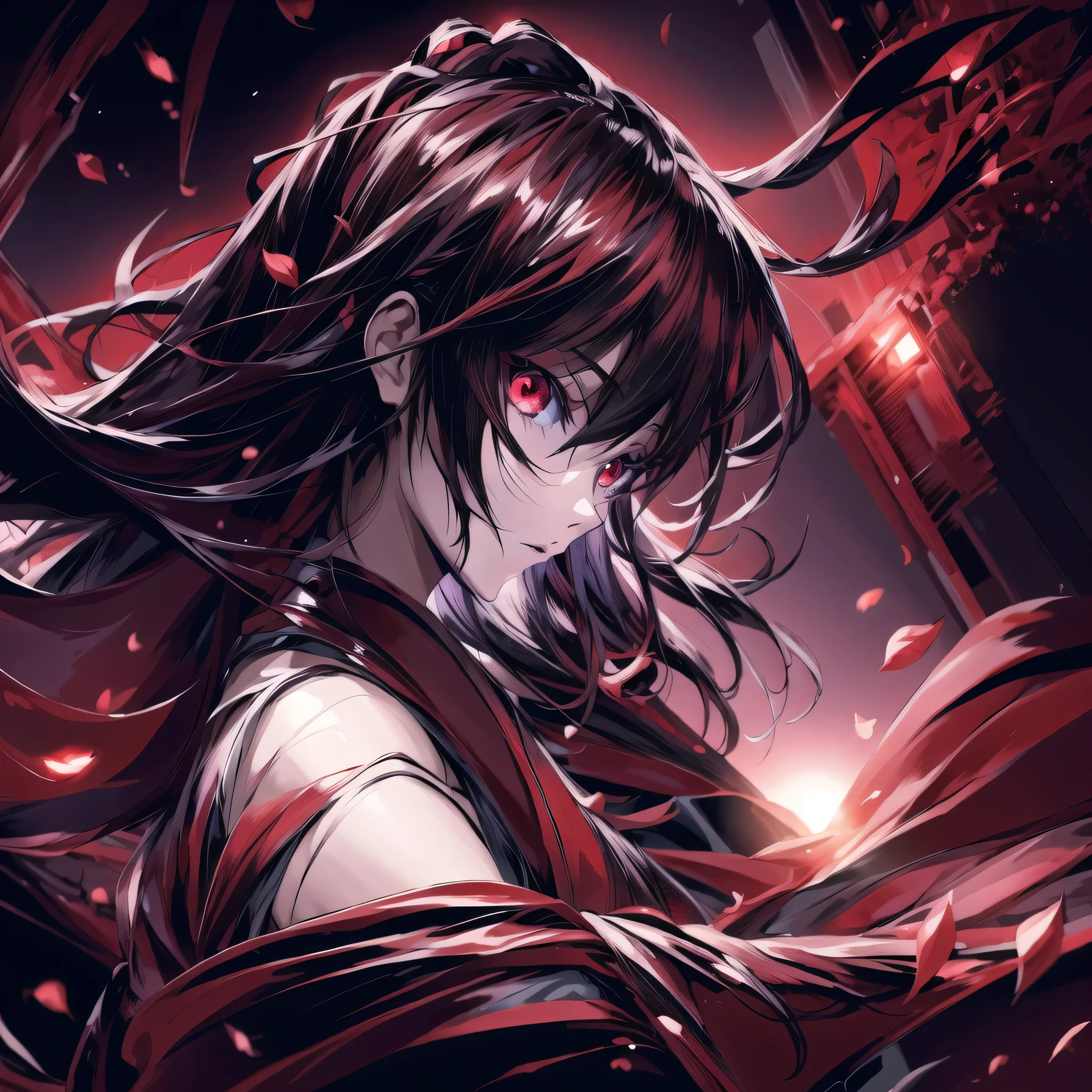 Anime girl with long hair and red eyes in a dark room, anime style 4k, terrible anime 8k, 4k anime wallpaper, anime art wallpaper 4k, anime art wallpaper 4k, anime art wallpaper 8k, epic anime artwork, detailed digital anime art, anime wallpaper 4k, anime wallpaper 4k, 4k manga wallpaper, beautiful anime artwork