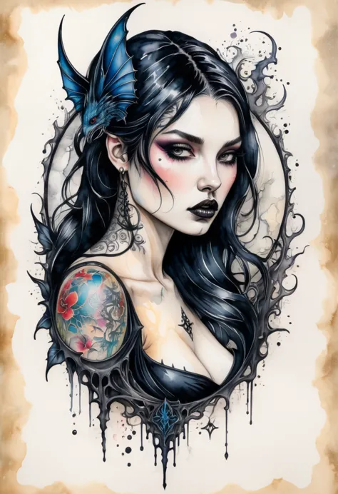 Ink and watercolor illustration on parchment. In the midst of a fantasy realm, a mysterious female. tattoos. gothic aesthetic. a...