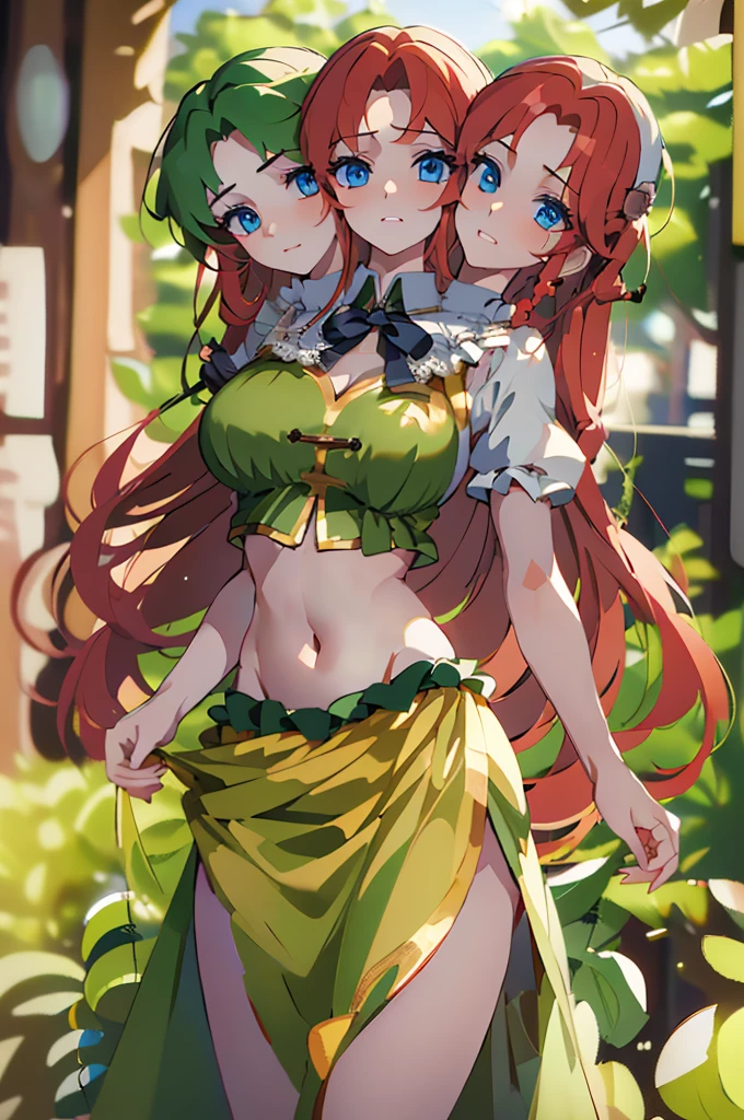 (masterpiece, best quality),best quality, (ultra-detailed), (3heads:1.5), 1girl, (ultra-detailed), (3heads:1.5), 1girl, (hong meiling:1.3), masterpiece, (best quality:1.5, highres, UHD), highres, absurdo, ultra detail, ultra quality, Ultra resolution, green top, crop top, ((stomach)), midriff, ((groin)), green skirt, miniskirt, normal ears, shackles, red hair, very long hair, wavy hair, sidelocks, blue eyes, parted lips, midriff, sweat, cute, toned belly, hand on own chest, eyelashes, (24 year old woman:1.3), (masterpiece:1.5), (best quality:1.5), (beautiful detailed), extremely detailed CG, extremely delicate and beautiful, depth of field, (finely detailed face), (perfect details:1.2), (mature female:1.3), wide pelvis, slender, large veiny breast, 16k resolution, high quality, high definition, extremely detailed, masterpiece, red hair, long hair, alluring presence, twin braid, short skirt, close up, big , young, striped, green beret, hair ornament, chinese clothes, star hat ornament, open belly, nsfw,