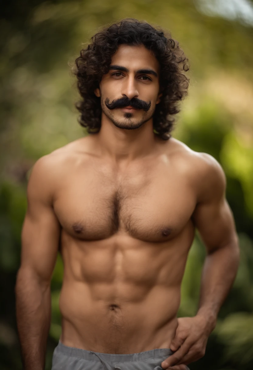 Thin hairy chest handsome moustache down arab guy shirtless sunny day brown  beau - SeaArt AI