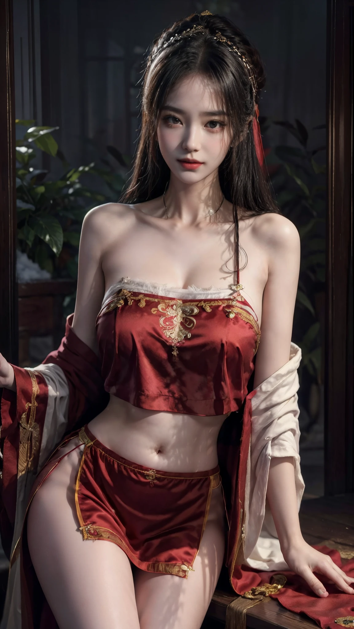 (Masterpiece), (absurderes), (The lens focuses on the thigh), Shiny skin, Girl, Solo, pupils sparkling, long eyelasher, Closed mouth, Long hair, Striped hair, Wavy hair, (Chinese belly pocket:1.27),(Red plush cloak:1.2)，view the viewer, (Cover with snow，the night，Bright old temple:1.3), Cinematic lighting，(Ultra-realistic textile textures)，,an award winning photograph, Extremely detailed, Amazing, finedetail, (Extremely detailed eyes:1.125) and face,  Kodak Porter 400 camera F1.6， Rich colors of the lens ，hyper realistic lifelike texture ，unreal-engine ，ArtStation Cinestill 800 tungsten lamp trend, Beautiful woman, Ulzzang-6500, (seductive grin smile),