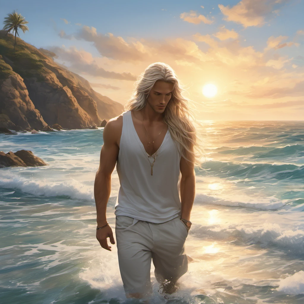 A tall, handsome, stately, masculine majestic man, he has long straight silver-platinum hair, gray-blue eyes, athletic build, he is dressed in light jeans and a white T-shirt. He walks barefoot along an empty ocean beach, next to him holding his hand, there is an incredibly beautiful fragile delicate girl of short stature, golden-haired blonde with long golden hair, blue eyes, she is dressed in a light white short summer silk sundress, she walks barefoot, in her hands she has white sandals. They are in love with each other. Masterpiece, perfect drawing, realistic drawing, full-length drawing, detailed study, 8k. full-length image, realistic image, dynamic image, detailed image. an extremely detailed illustration, a real masterpiece of the highest quality, with careful drawing. anime style.