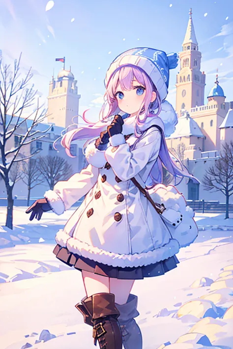 A little  takes a commemorative photo with the heavy snow castle in the background at the snow festival venue.、knit hat、cute boo...