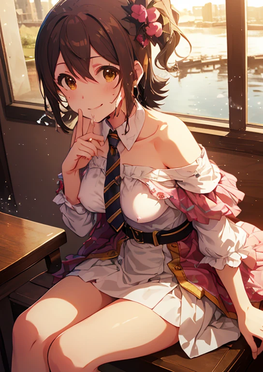 Mirai Kasuga (million live), (highest quality, 8K, masterpiece, Super detailed:1.2), (Lens flare, particles of light, shine), big breasts, smile, open your mouth, masterpiece, highest quality, Super detailed, High resolution, Very detailed CG, official art, idol costume, pink tie,white skirt, off shoulder, ((nsfw)), dynamic angle, perfect body,sexy, panty shot, (((Liquid dripping from the crotch))),(((put your hand inside your pants))), (( Masturbate by touching your vagina with your fingers)), Boy&#39;s feet、(Sitting with her legs wide open in her skirt:1.2)、Don&#39;Don&#39;t cover your lower body、camel toe