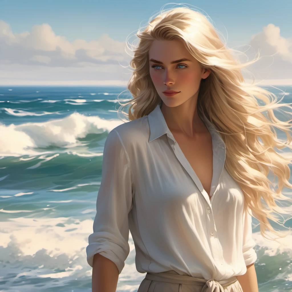 A tall, handsome, stately, masculine majestic man, he has long straight silver-platinum hair, gray-blue eyes, athletic build, he is dressed in light jeans and a white T-shirt. He walks barefoot along an empty ocean beach, next to him holding his hand, there is an incredibly beautiful fragile delicate girl of short stature, golden-haired blonde with long golden hair, blue eyes, she is dressed in a light white short summer silk sundress, she walks barefoot, in her hands she has white sandals. They are in love with each other. Masterpiece, perfect drawing, realistic drawing, full-length drawing, detailed study, 8k. full-length image, realistic image, dynamic image, detailed image. an extremely detailed illustration, a real masterpiece of the highest quality, with careful drawing. anime style.