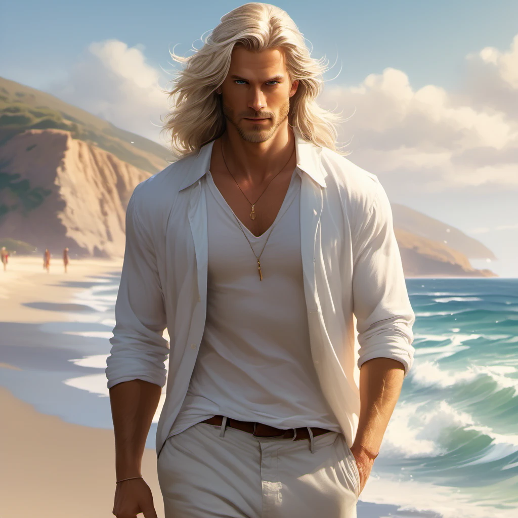 A tall, handsome, stately, masculine majestic man, he has long straight silver-platinum hair, gray-blue eyes, athletic build, he is dressed in light jeans and a white T-shirt. He walks barefoot along an empty ocean beach, next to him holding his hand, there is an incredibly beautiful fragile delicate girl of short stature, golden-haired blonde with long golden hair, blue eyes, she is dressed in a light white short summer silk sundress, she walks barefoot, in her hands she has white sandals. They are in love with each other. Masterpiece, perfect drawing, realistic drawing, full-length drawing, detailed study, 8k. full-length image, realistic image, dynamic image, detailed image. an extremely detailed illustration, a real masterpiece of the highest quality, with careful drawing. anime style.