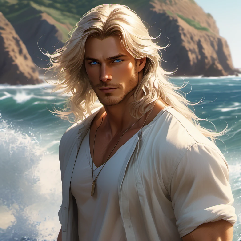 A tall, handsome, stately, masculine majestic man, he has long straight silver-platinum hair, gray-blue eyes, athletic build, he is dressed in light jeans and a white T-shirt. He walks barefoot along an empty ocean beach, next to him holding his hand, there is an incredibly beautiful fragile delicate girl of short stature, golden-haired blonde with long golden hair, blue eyes, she is dressed in a light white short summer silk sundress, she walks barefoot, in her hands she has white sandals. They are in love with each other. Masterpiece, perfect drawing, realistic drawing, full-length drawing, detailed study, 8k. full-length image, realistic image, dynamic image, detailed image. an extremely detailed illustration, a real masterpiece of the highest quality, with careful drawing. anime style.