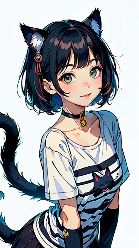 (highest quality, masterpiece, High resolution)、(anime art)、,cinematic light、soft light、girl、black hair、(Striped cat costume)、(l...