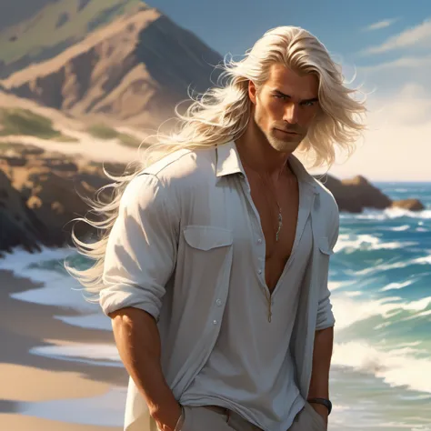 a tall, handsome, stately, masculine majestic man, he has long straight silver-platinum hair, gray-blue eyes, athletic build, he...