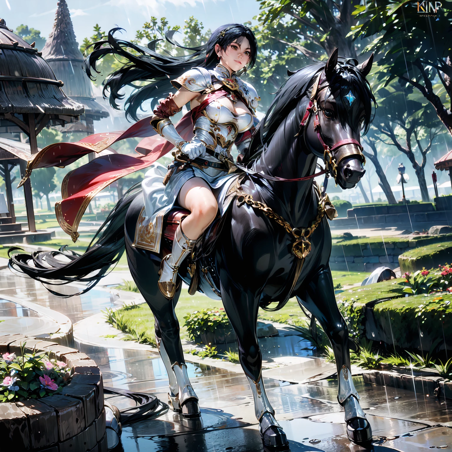 8k, realistic, vivid colors, ((best quality)), ((masterpiece)), (detailed), perfect face, long hair, {black hair}, BREAK, horseback riding, black horse, (saddle, stir ups, rein), running: 1.2, 20 years old, female knight, large breast, (white armor, white gauntlet, red miniskirt, white armored boots), outdoor, ((raining)), muddy landscape, wet body, fantasy settings, medieval settings, anatomically correct,