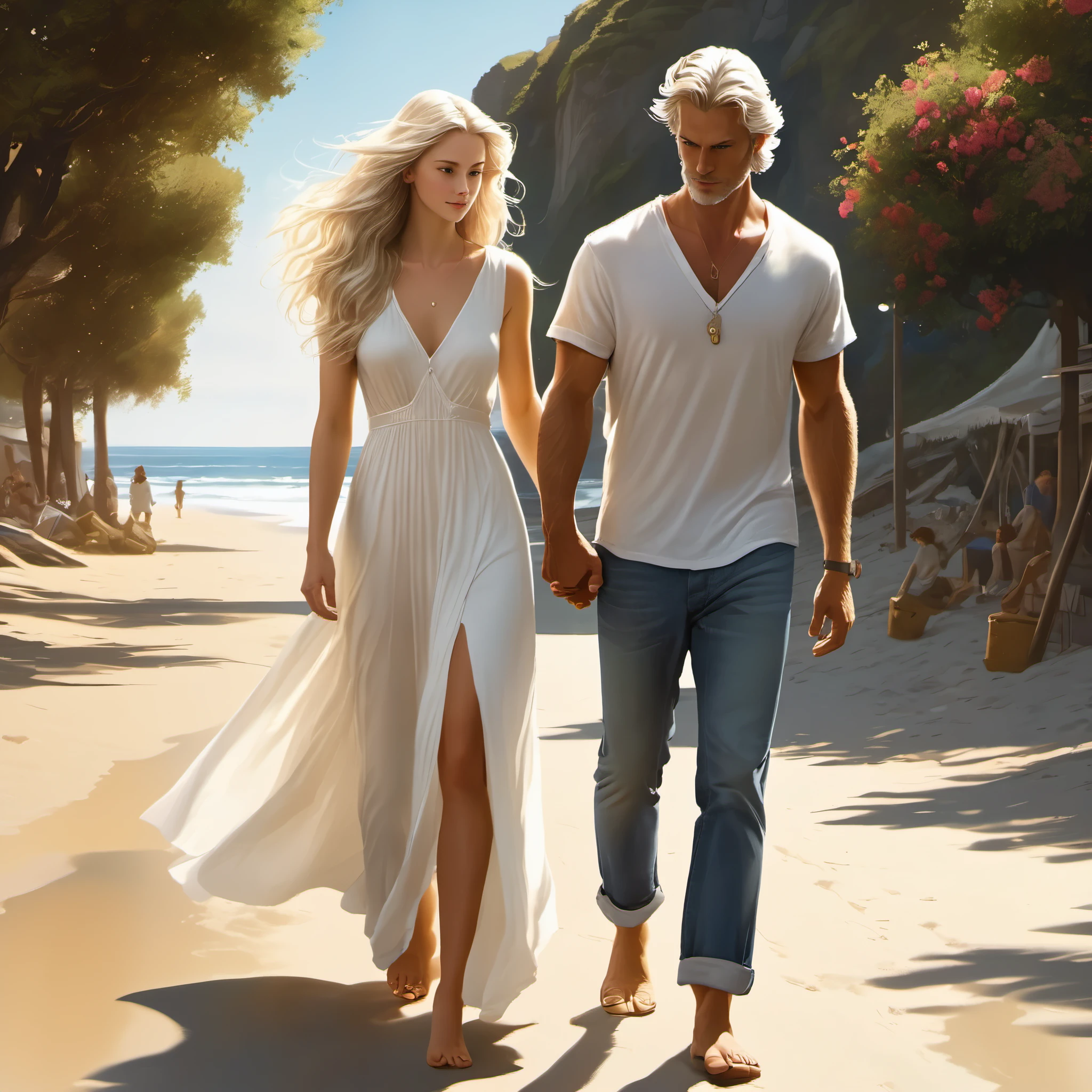 A tall, handsome, stately, masculine majestic man, he has long straight silver-platinum hair, gray-blue eyes, athletic build, he is dressed in light jeans and a white T-shirt. He walks barefoot along an empty ocean beach, next to him holding his hand, there is an incredibly beautiful fragile delicate girl of short stature, golden-haired blonde with long golden hair, blue eyes, she is dressed in a light white short summer silk sundress, she walks barefoot, in her hands she has white sandals. They are in love with each other. Masterpiece, perfect drawing, realistic drawing, full-length drawing, detailed study, 8k. full-length image, realistic image, dynamic image, detailed image. an extremely detailed illustration, a real masterpiece of the highest quality, with careful drawing. anime style.