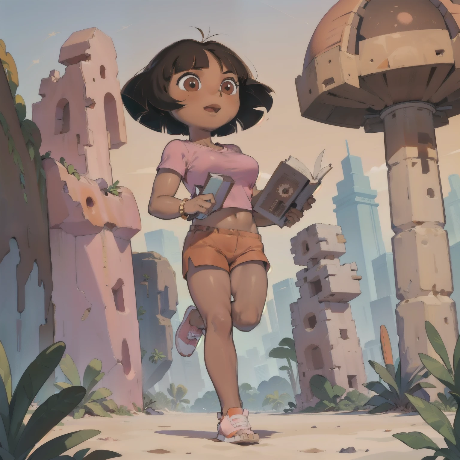 ((masterpiece, best quality)), full body, (solo 0.6), Dora, bracelet, (dark skin 0.6), dark brown hair, short hair, brown eyes, daytime, desert ruins, pink top, orange shorts, holding a book, young, large breasts