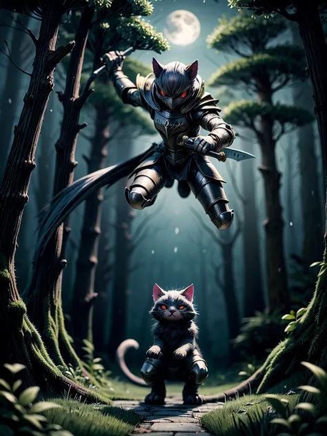 A cat knight in a moonlit forest, wearing shiny armor and wielding a silver sword,fight monster creatures. The cat knight's eyes...