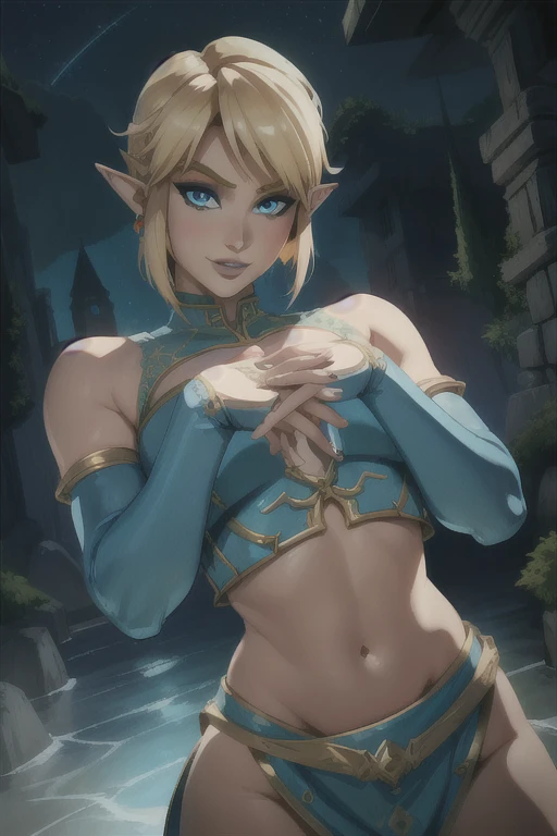 Link,short blond hair,pointy ears, blue eyes,  light makeup,  midriff, flat chest,  navel, lips, seductive smile, 
bridal gauntlets, blue tunic,  long sleeves,  
 night,  tavern, a
(insanely detailed, beautiful detailed face, masterpiece, best quality) standing, upper body, bottom heavy
 