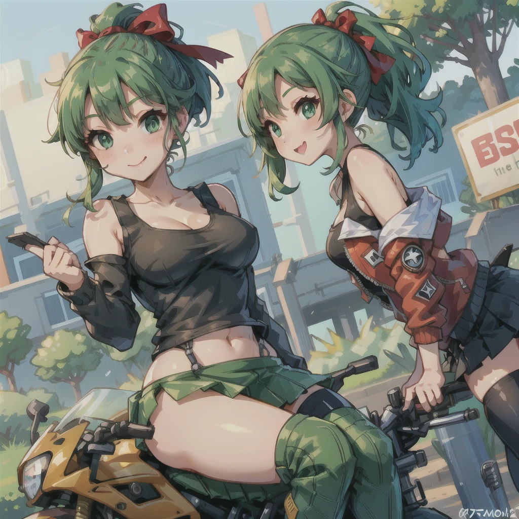 girl、(((one person)))、green eyes、green hair、Red ribbon and ponytail hair、black mini skirt、riders jacket、Tank top、D cup bust、background blur、line of sight、blush、smile、motorcycle、straddle、wide angle lens、Angle from below