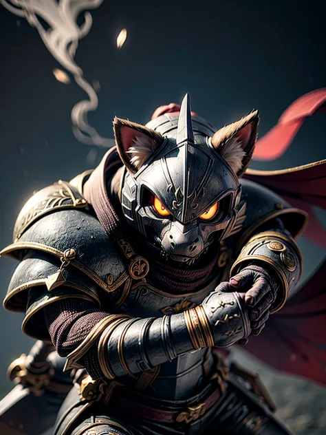 best quality, ultra-detailed, realistic, (portrait,warrior,knight:1.2),cat warrior with shining armor is fighting a dog warrior,...