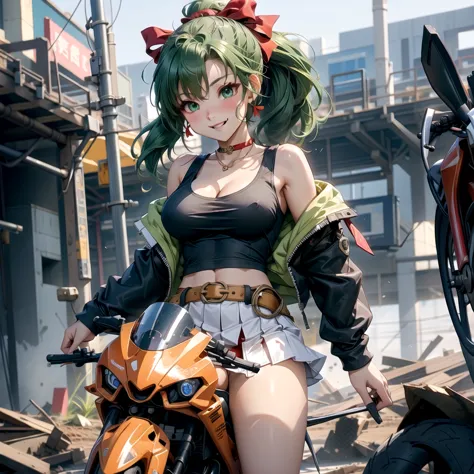 girl、(((one person)))、green eyes、green hair、Red ribbon and ponytail hair、black mini skirt、riders jacket、Tank top、D cup bust、back...