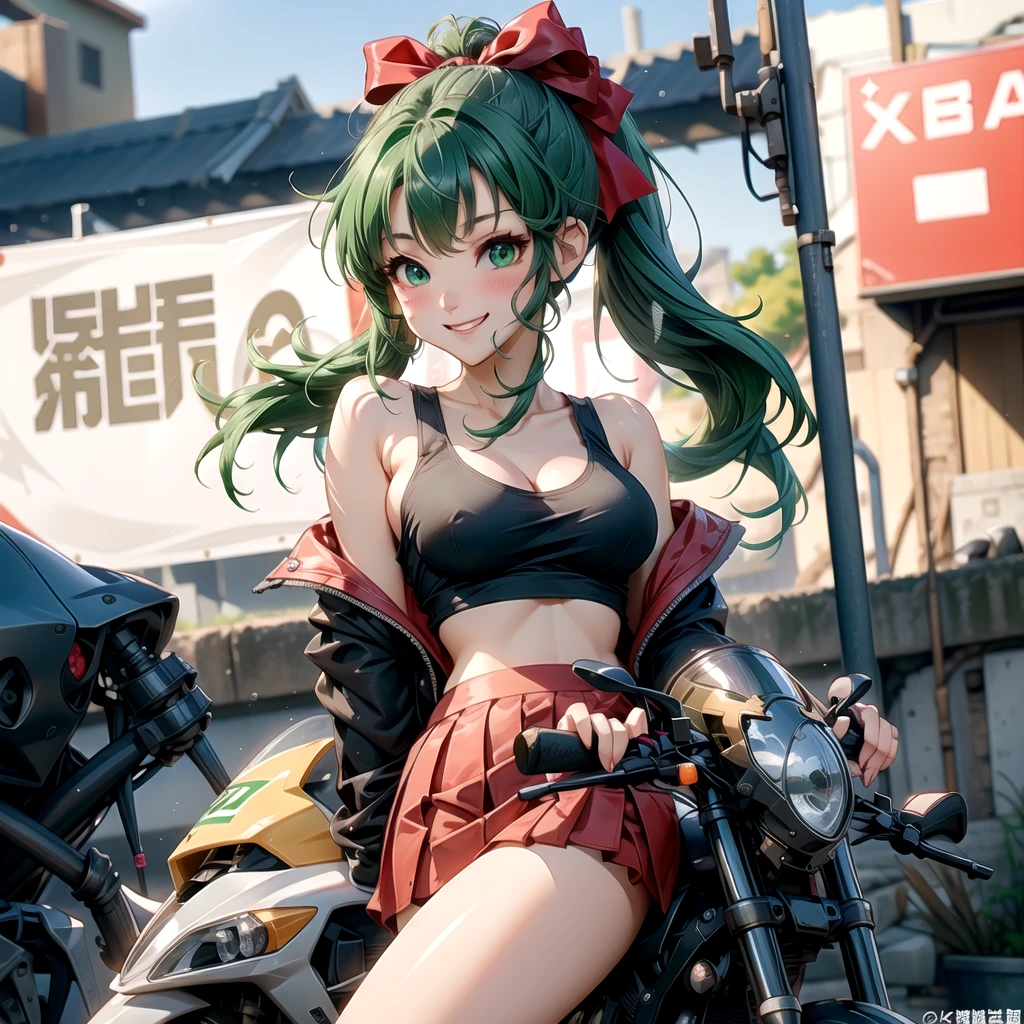 girl、(((one person)))、green eyes、green hair、Red ribbon and ponytail hair、black mini skirt、riders jacket、Tank top、D cup bust、background blur、line of sight、blush、smile、motorcycle、straddle、wide angle lens、Angle from below