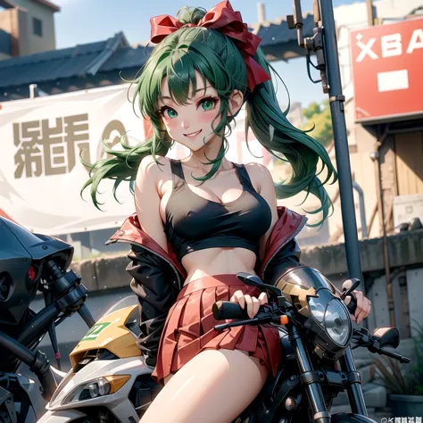 girl、(((one person)))、green eyes、green hair、Red ribbon and ponytail hair、black mini skirt、riders jacket、Tank top、D cup bust、back...