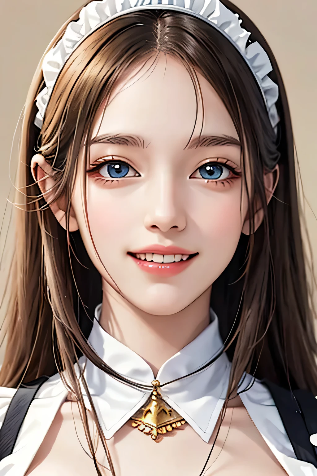 18 year old beautiful girl, Big eyes, big breasts,  and a thin, 8K, highest quality, (highly detailed head: 1.0), (highly detailed face: 1.0), (very fine hair: 1.0), Maid clothes, Highly detailed official artwork, anime moe art style, clean detailed anime art, smile, golden hair, Smooth long hair，erect nipples