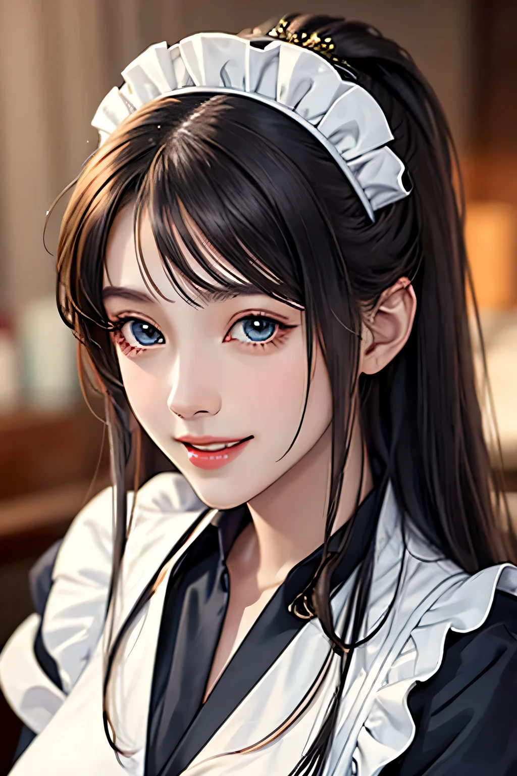 18 year old beautiful girl, Big eyes, big breasts,  and a thin, 8K, highest quality, (highly detailed head: 1.0), (highly detailed face: 1.0), (very fine hair: 1.0), Maid clothes, Highly detailed official artwork, anime moe art style, clean detailed anime art, smile, golden hair, Smooth long hair，erect nipples
