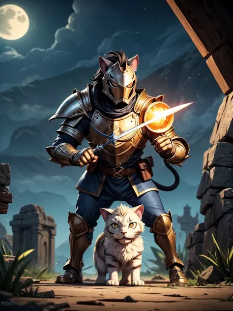 A cat knight engaged in a fierce battle against a dog knight, under the moonlight. The cat knight's armor sparkles with silver r...