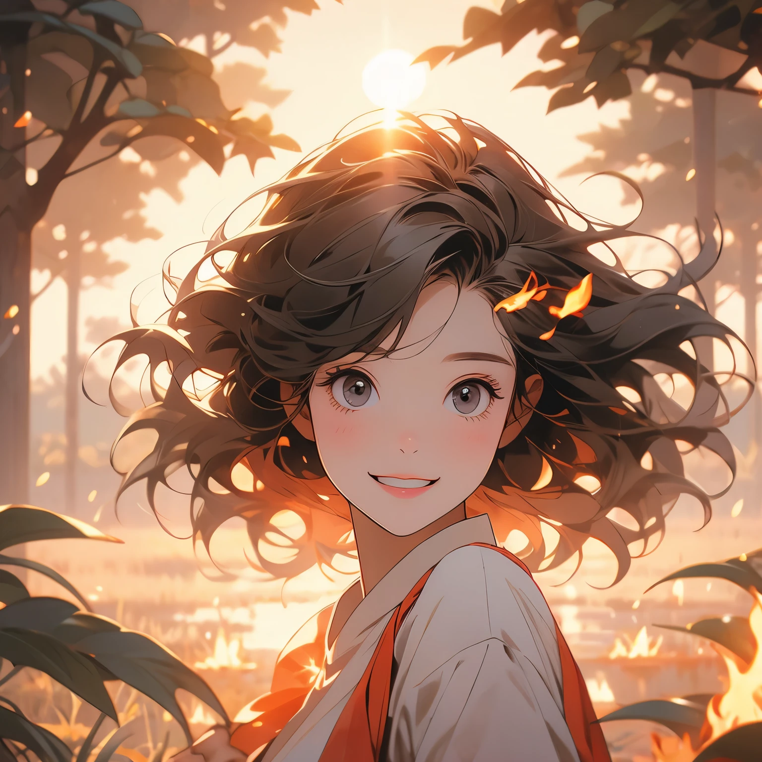 sunrise、girl，Happy，Surrounded by flames，optimism、Motivated、Sunlight