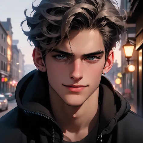 a handsome European male in early twenties looking up with cynical smile, short grayish khaki hair, (((street snap))), wearing black hoodie and blue jeans with his hands in pockets, busy afternoon street with sunlight, highly detailed, cinematic lighting, ...