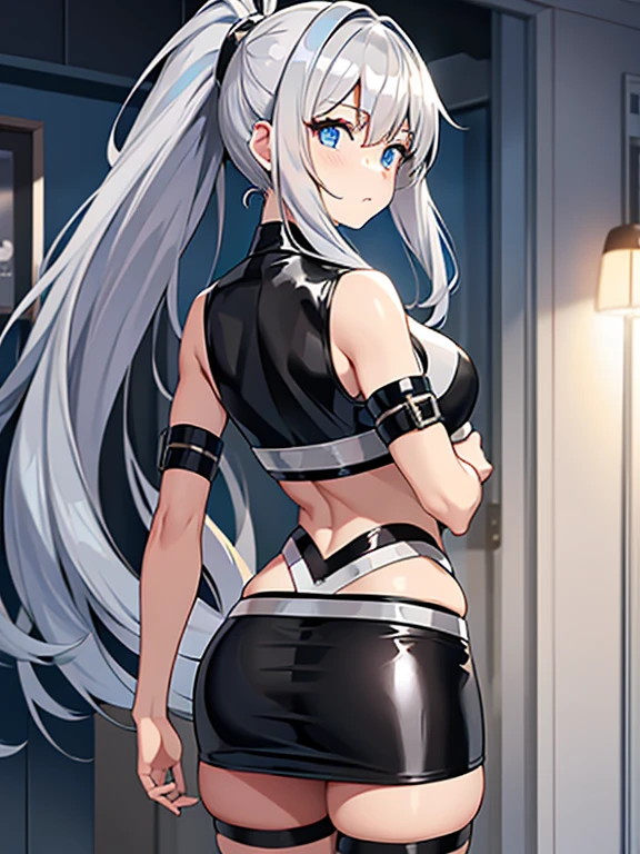 , long silver hair, ponytail,Silver latex mini skirt ,blue eyes,silver good