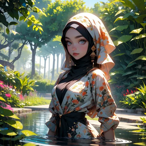 (a busty Malaysian woman, age 30, wearing a hijab and a crab-themed bikini) stands gracefully in a vibrant garden. She has expre...