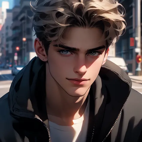 a handsome European male in early twenties looking up with cynical smile, short grayish khaki hair, (((street snap))), wearing black hoodie and blue jeans with his hands in pockets, busy afternoon street with sunlight, highly detailed, cinematic lighting, ...