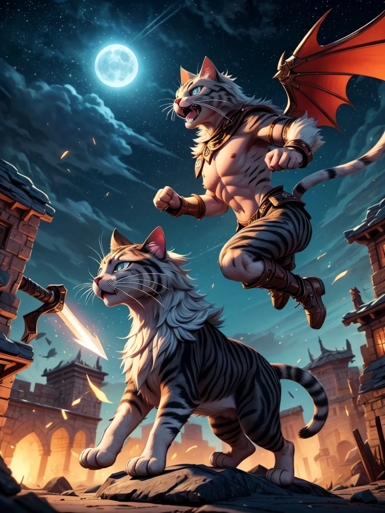 (best quality,4k,8k,highres,masterpiece:1.2),ultra-detailed,realistic,photorealistic:1.37,a heroic cat warrior in the night,cat warrior with shining armor, majestic cat with a sword,beautiful detailed armor,sharp focus, intense gaze,vivid colors,dramatic lighting,moonlit background,medieval fantasy style,mythical creature,roaring with power,heroic battle scene,dynamic pose,heroic stance,moonlight reflecting off the armor,whiskers twitching with anticipation,strong muscular build,courageous and fearless,determined and ready to fight,night sky with stars,ominous clouds swirling in the background,battle-worn battle scars,ferocious feline,steely blue eyes,protruding sharp fangs,agile and swift movements,sleek and graceful,a symbol of bravery and honor,a sword specially crafted for the cat warrior,strong and sharp claws,powerful leaps and bounds,protecting the kingdom with valor,defender of the weak and innocent.