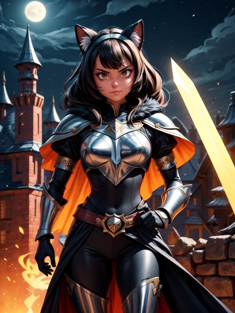 black cat knight with armor, shining golden helmet, majestic cape, sharp sword, fierce gaze, heroic pose, moonlit castle in the background, dramatic lighting, medieval fantasy theme, vibrant colors, detailed fur texture, masterfully painted, highres, realistic style, dynamic composition, intense battle atmosphere, powerful presence, epic cat warrior.