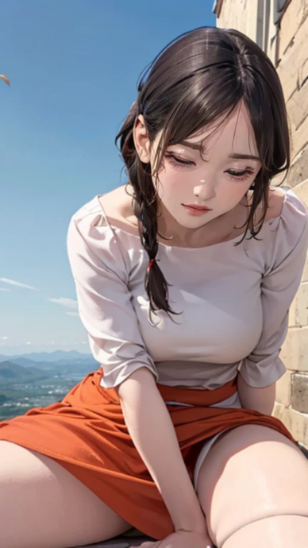 (droopy eyes, sleepy face, from the perspective below, Realistic skin, ecstatic face), Strong wind, long thick braids, spread legs, Various pattern casual dresses, external, Mountain, (((focus on, groin))), ((The dark hour of dawn)), Busty big-breasted beauty，Full buttocks