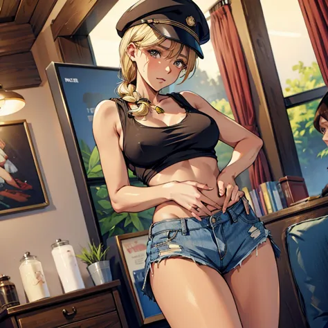 An American gal, tall, blonde long hair, beauty anime face, Face in love, super high resolution, masterpiece, black police hat, ...