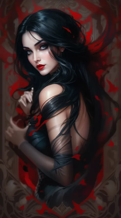 a close up of a woman with long black hair and a red background, charlie bowater rich deep colors, dark fantasy style art, graph...