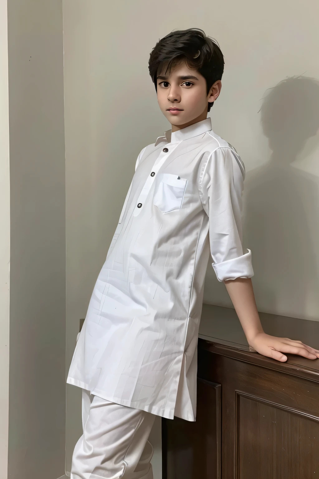 A young boy in a white shirt and pants standing next to a dresser - SeaArt  AI