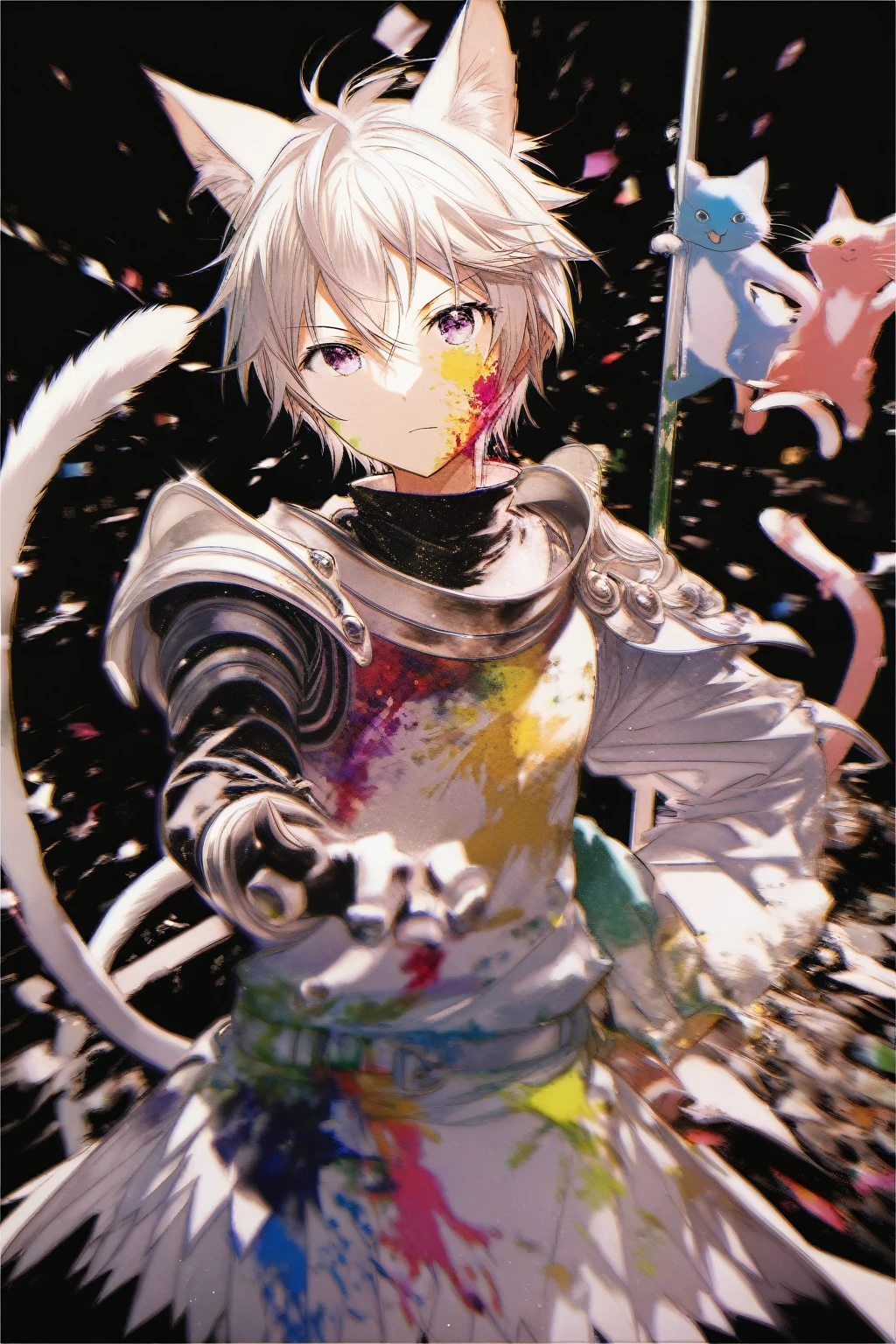 by rella, by Yoshitaka Amano, (Cat Knight), (cat), cat face, (metallic armor), (cat ears), cat tail, brave pose, medieval, chromatic aberration, paint splatter, paint, paint splatter on face, amazing quality