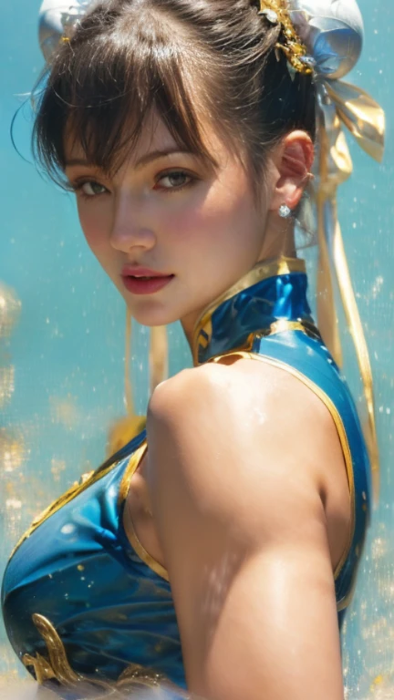 un primer plano de una mujer vestida de azul y amarillo, portrait of Chun Li, portrait of Chun Li, Chun Li, CHUN LI, Chun Li, Ross Tran 8K, wojtek fus, artgerm and Ilia Kuvshinov, Ilia Kuvshinov and artgerm, Ilia Kuvshinov. 4k